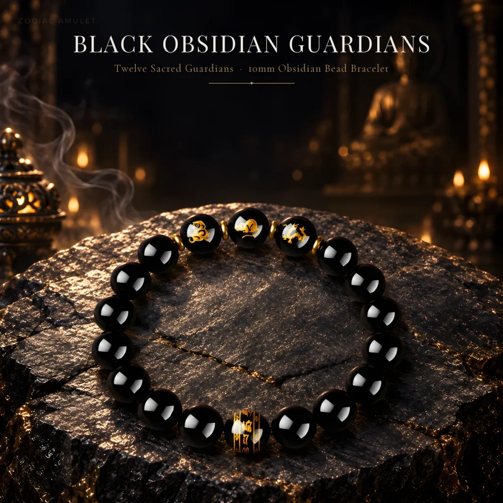 Putuoshan Obsidian Twelve-Zodiac Natal Guardian Bracelet | Chinese Zodiac Birth-Year Talisman | San He & Liu He Zodiac Grouping | Bead Bracelet for Women