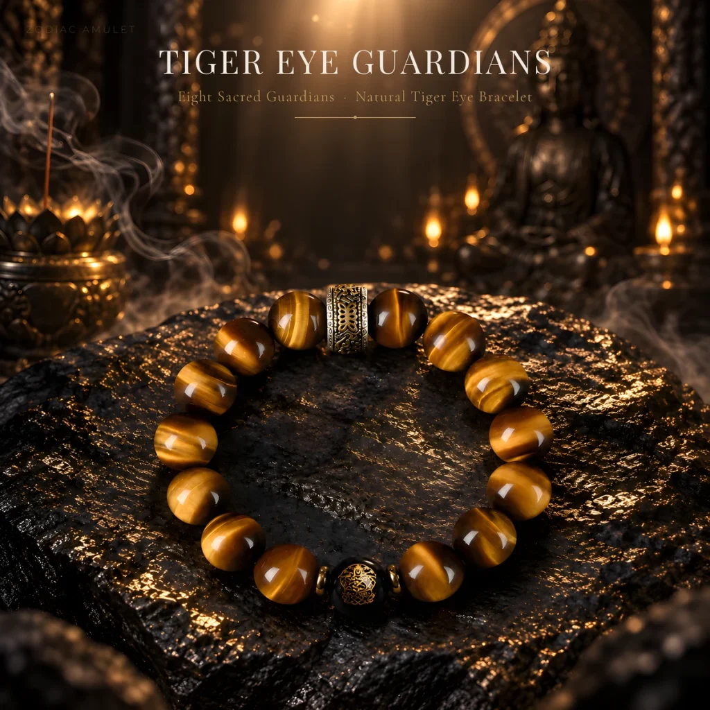 Yellow Tiger's Eye Eight Guardian-Deity Bracelet | Chinese Zodiac Natal Guardian Bead Bracelet | Six-Syllable Mantra Motif | Unisex Crystal Wristwear