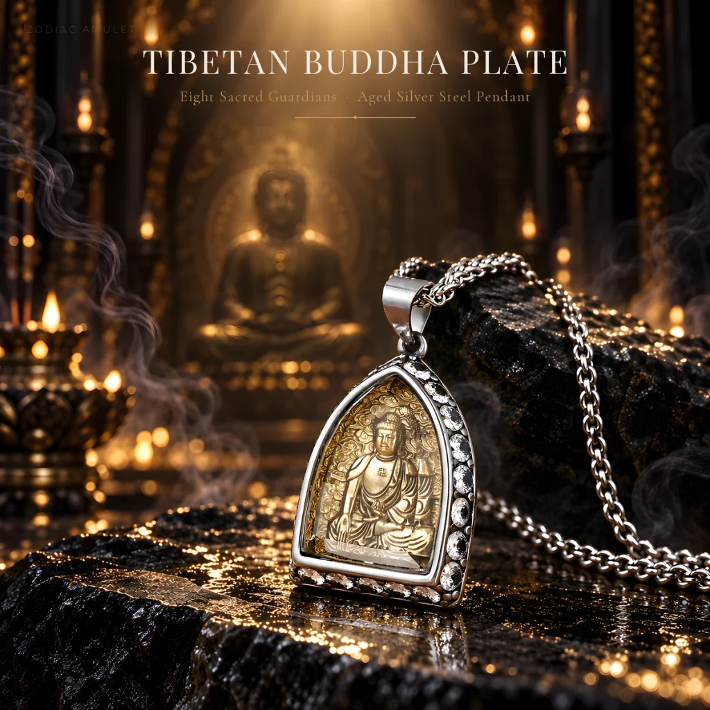 Titanium-Steel Zodiac Guardian Pendant Necklace | Eight Guardian Deities | Chinese Birth-Year Medallion with Stone-Set Accents | Vintage Etched Buddha Pendant | Unisex Gift