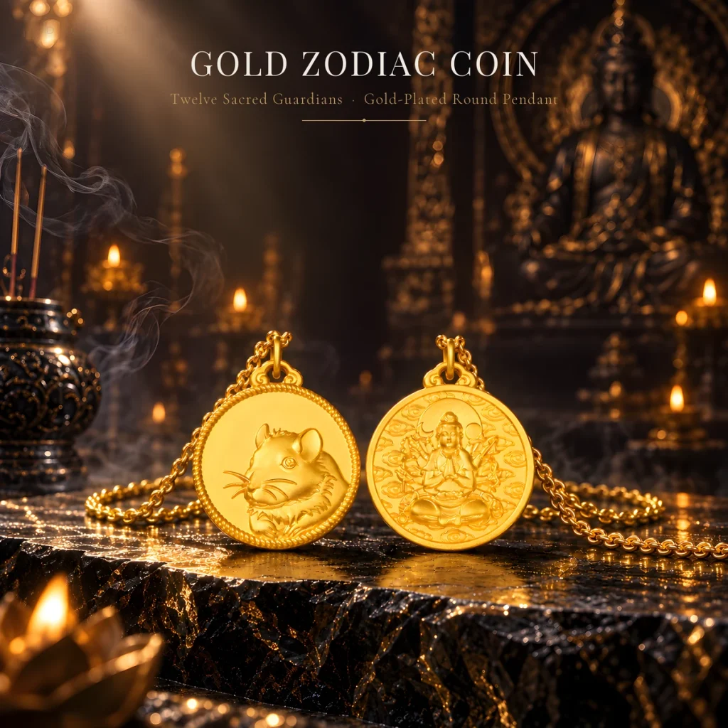 Sand-Gold Zodiac Birth-Year Buddha Pendant Necklace | 24K Gold-Plated Round Medallion | Zodiac Animal Front, Guardian Bodhisattva Back | Chinese Birth-Year Charm | Unisex Gift