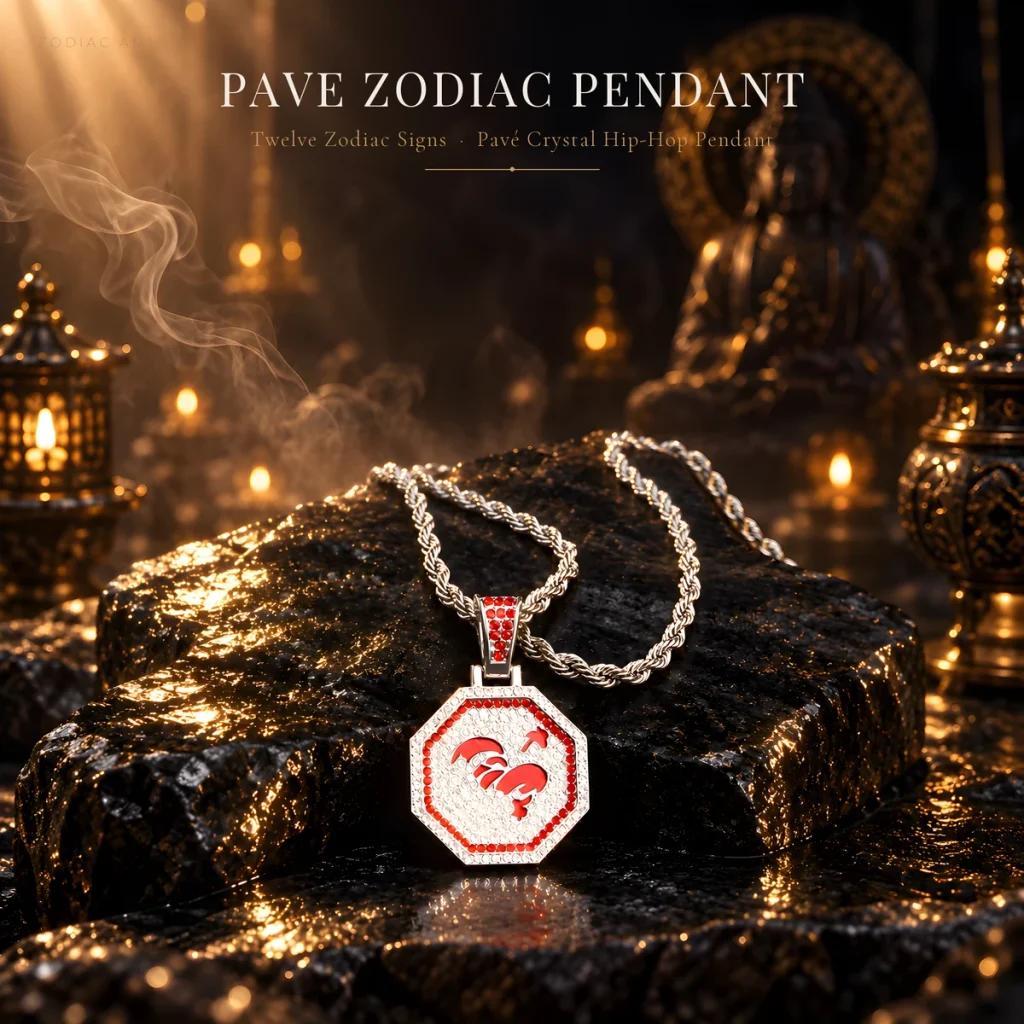 Pave Octagon Zodiac Pendant Necklace | Full Pave Signs of the Chinese Zodiac | 0.3 mm Rope Chain 60 cm | Hip-Hop Streetwear Guochao | Unisex Jewellery