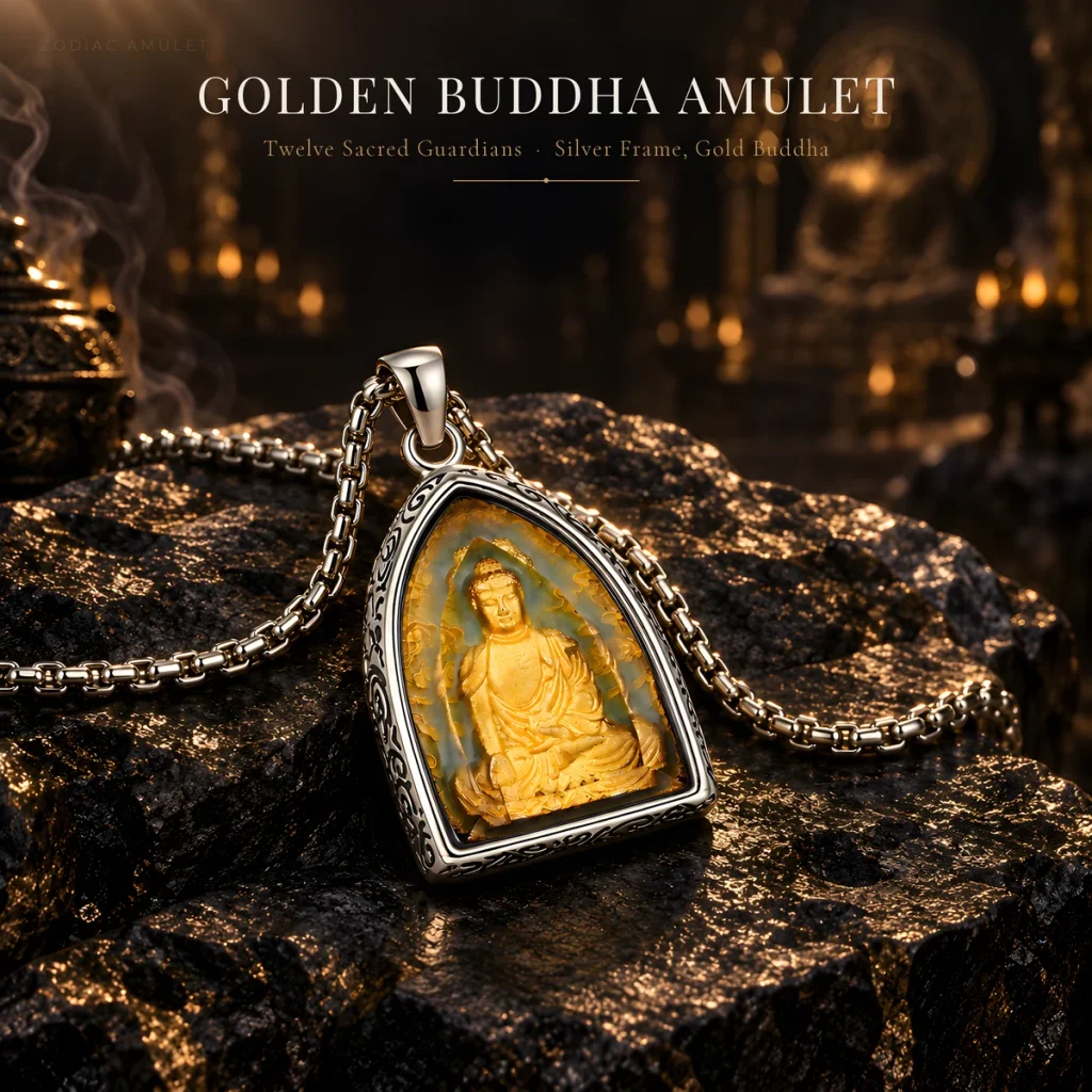 ZODIAC AMULET Luminous Titanium Steel Birth-Year Guardian Pendant Necklace | 8 Guardian Deities | Glow-in-the-Dark Shield Pendant with Gold-Tone Deity Relief | Chinese Zodiac Benmingfo Gift | Unisex