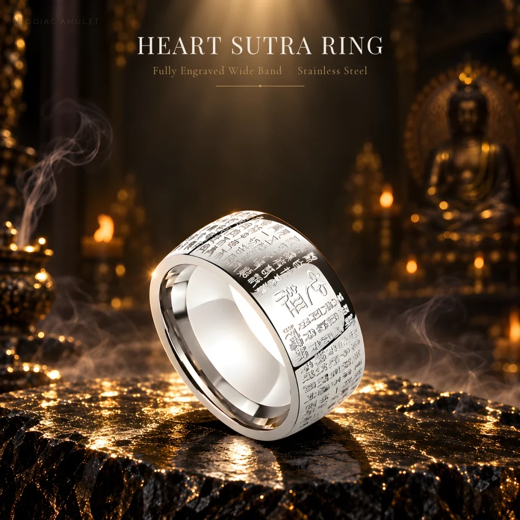 Heart Sutra Wide Band Ring | Titanium Steel Men's Ring with Chinese Seal-Script Engraving | 11mm Wide Statement Band | Individual / Niche Styling | Silver & Gold