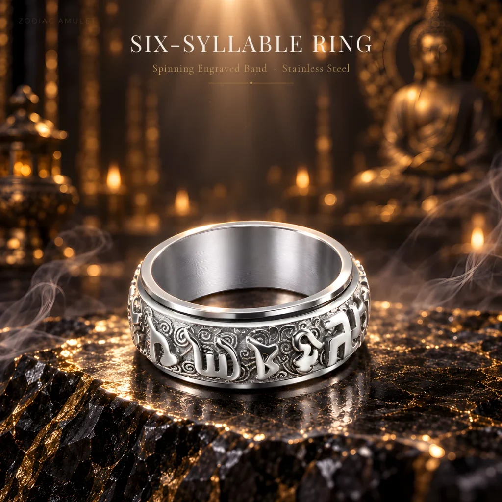 Six-Syllable Mantra Spinning Ring | Titanium Steel 8mm Rotating Band with Sanskrit Om Mani Padme Hum | Classic Vintage Men's Unisex Ring | Silver / Gold / Two-Tone