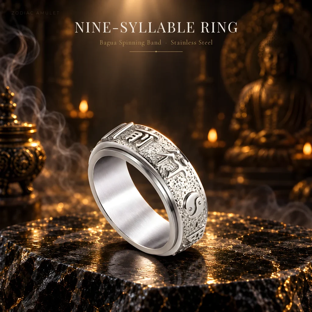 Nine-Syllable Mantra Bagua Spinning Ring | Titanium Steel Men's Ring with Rotatable Bagua Band & Taiji Motif | Daoist Nine-Syllable Script | 8mm Band | Chinese Guochao | Silver / Gold / Two-Tone
