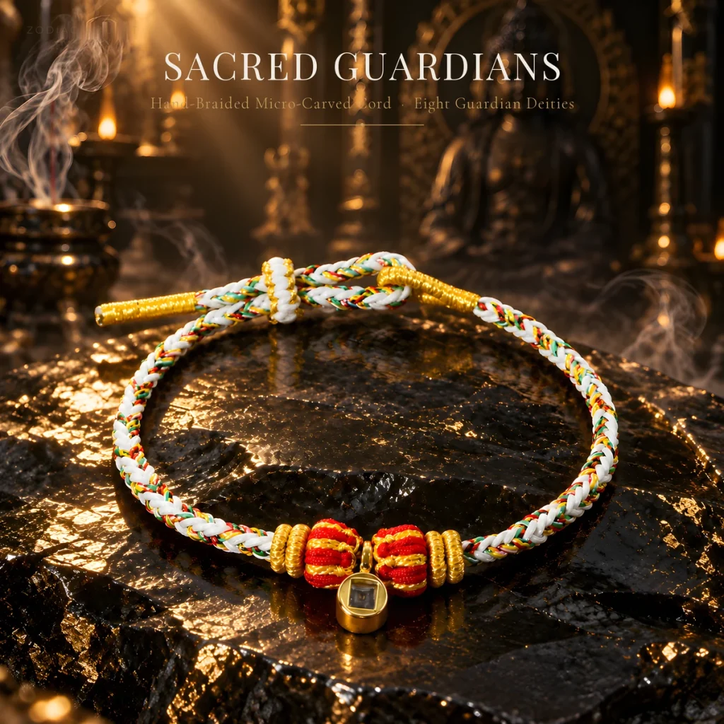 Putuoshan Eight Guardian Deities Cord Bracelet | Hand-Braided Five-Colour Woven Cord with Gold-Tone Micro-Carved Cylinder | Chinese Guochao Birth-Year Red Cord | Unisex Adjustable | Zodiac Guardian Gift