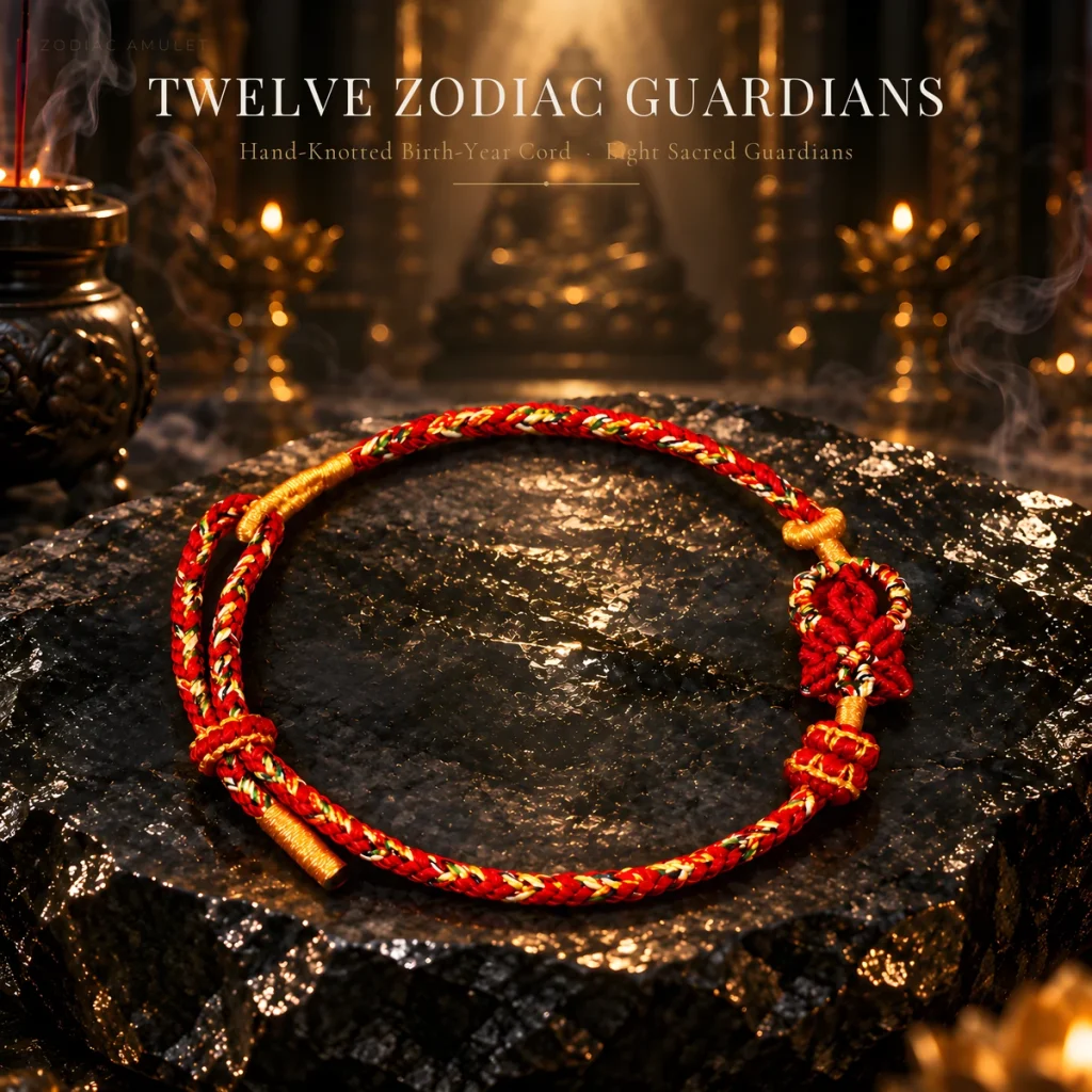 12 Zodiac Birth-Year Guardian Buddha Red Cord Bracelet | Hand-Braided Ethnic Cord with Guardian Charm | Benmingnian Tai Sui Red String | Unisex Couples | Zodiac Gift